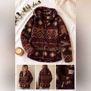 Sherpa Zip-Up Hoodie in Burgundy Pattern